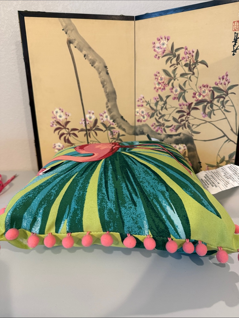 Allen & Roth Tropical Flamingo Throw Pillow Lime Green & Pink Pom 2 Pom 16 x 16 - Picture 4 of 7